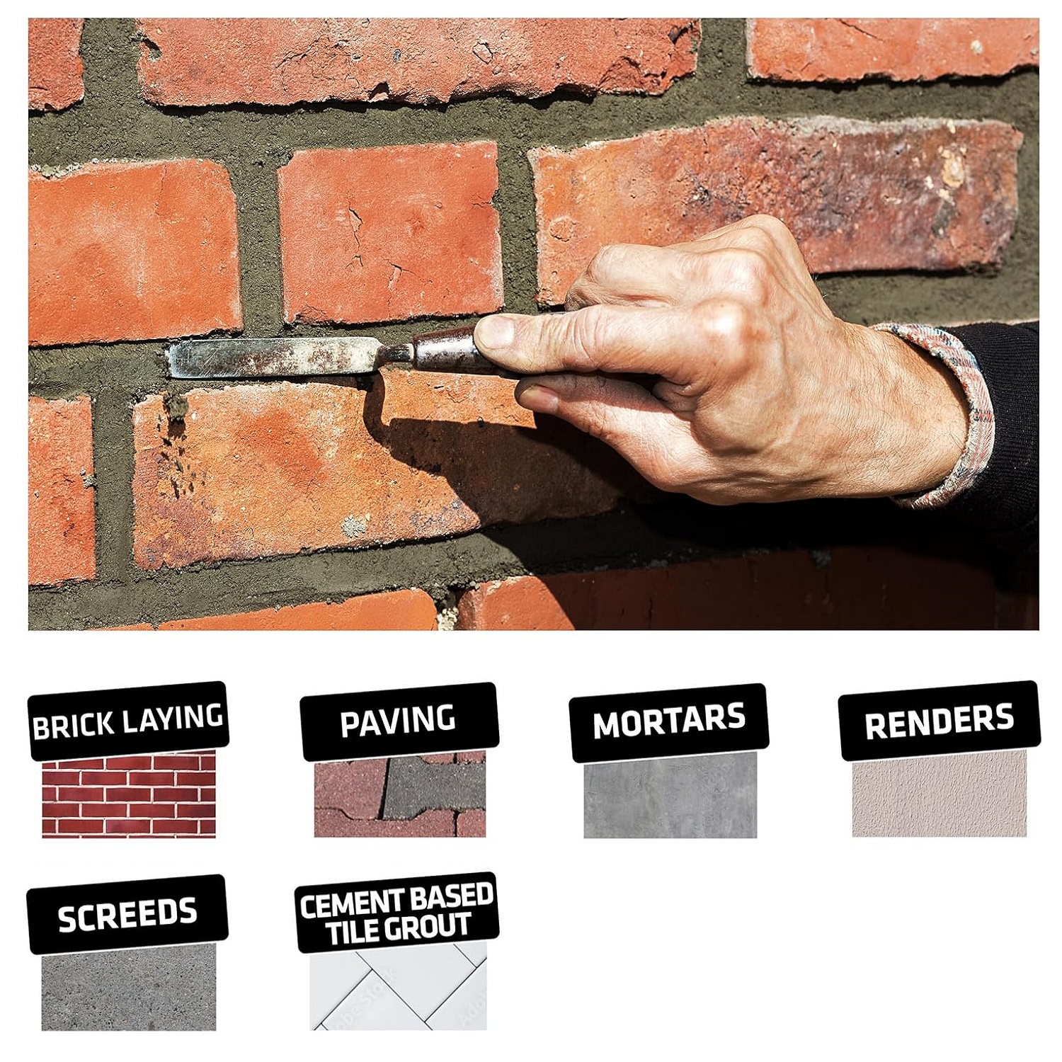 A hand applying mortar between red bricks using a tool, showcasing bricklaying and mortar application.