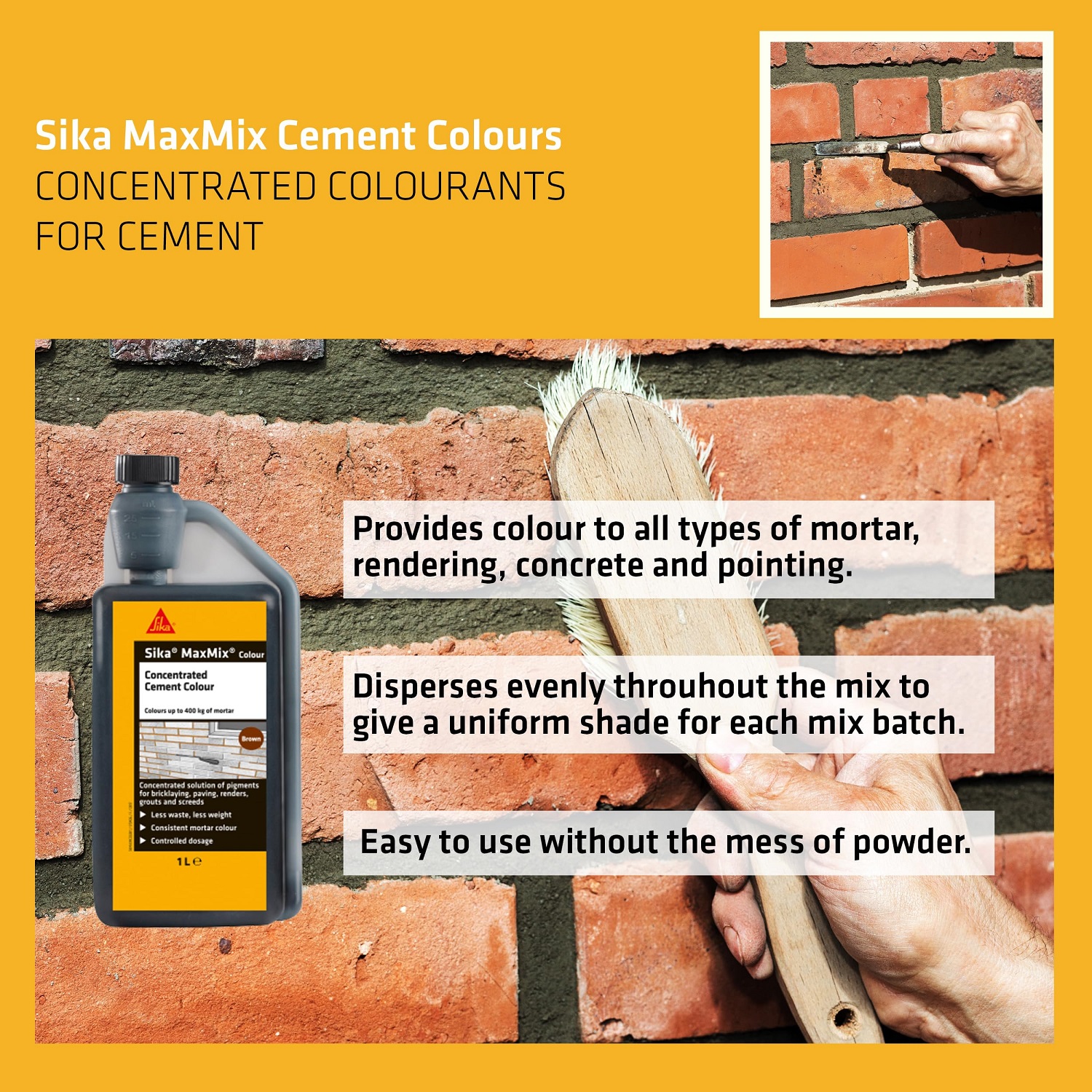 Sika Maxmix Mortar Cement Colouring Brown 1L bottle with application on brick wall.