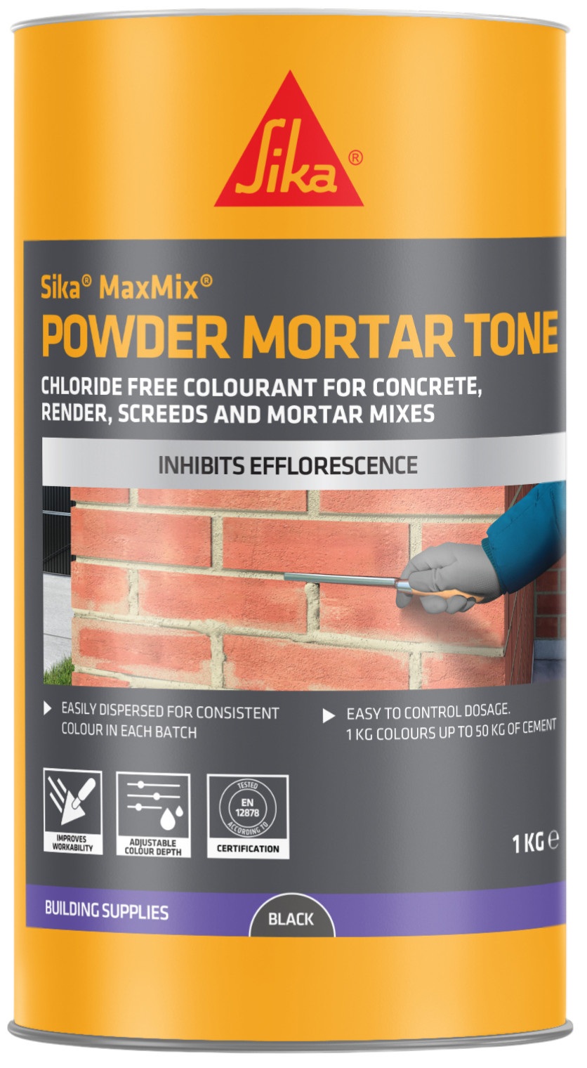 Tub of Everbuild 208 black powder mortar tone for darkening concrete or mortar mix