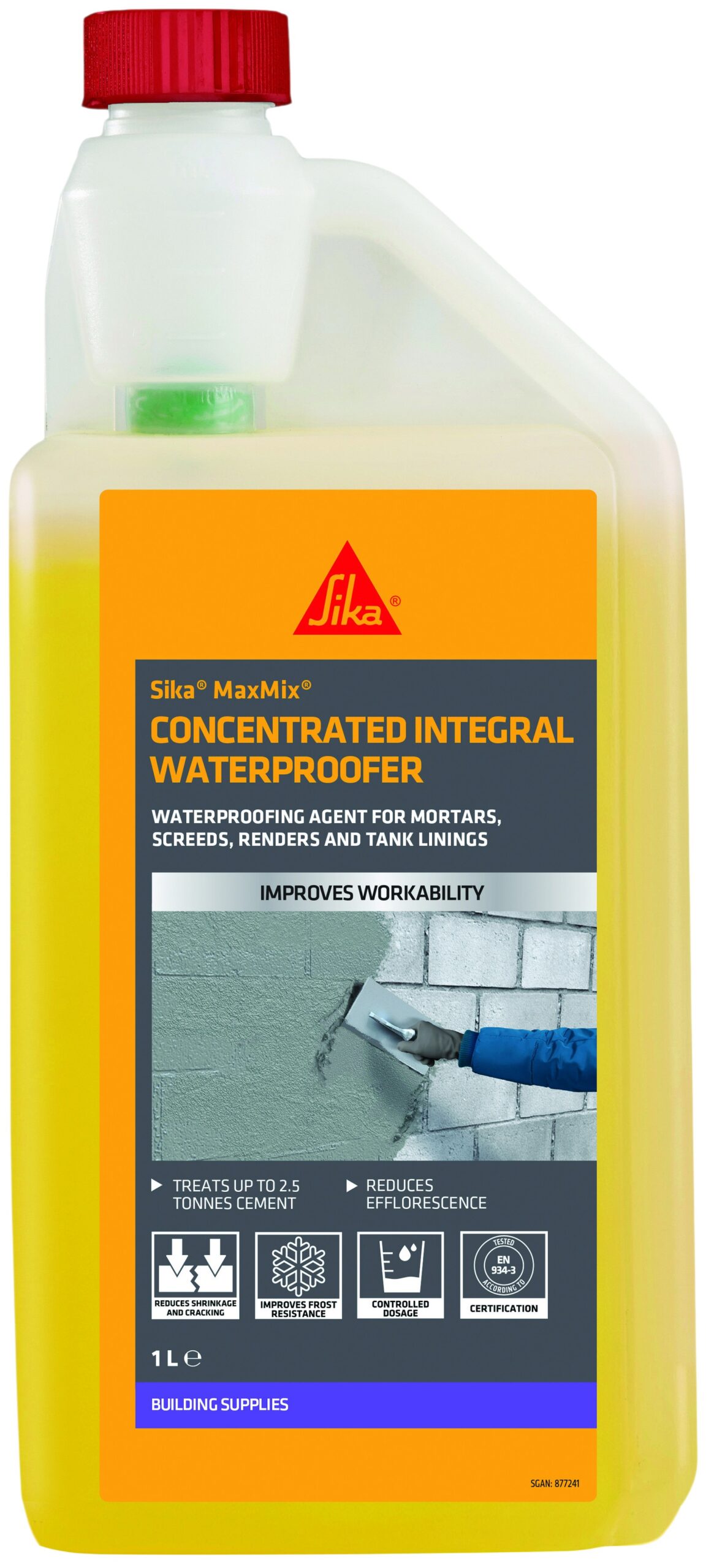 Yellow bottle of Sika Maxmix Super Concentrate Integral Waterproofer.