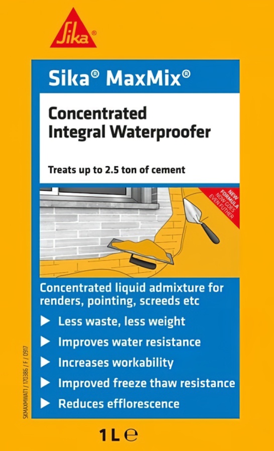 Sika MaxMix Concentrated Waterproofing Admixture packaging with product benefits listed.