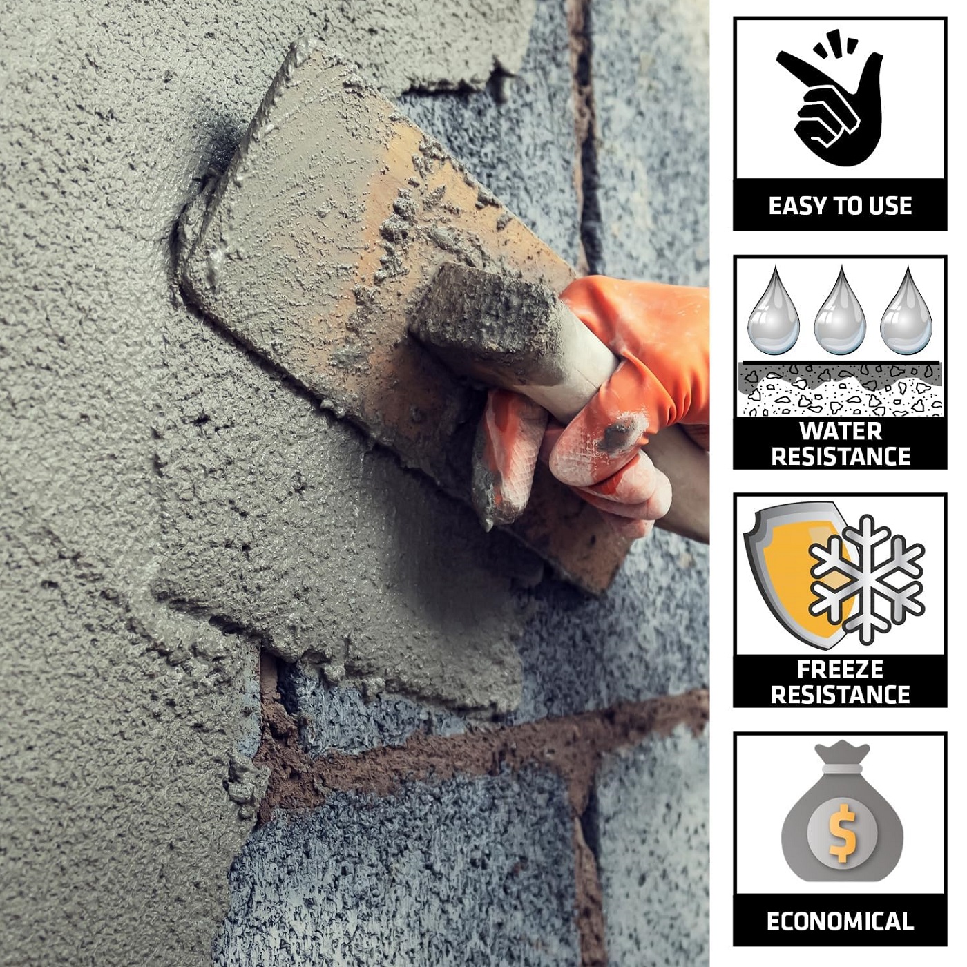 A hand applying concrete with a trowel on a brick wall, showcasing water resistance and freeze resistance features.