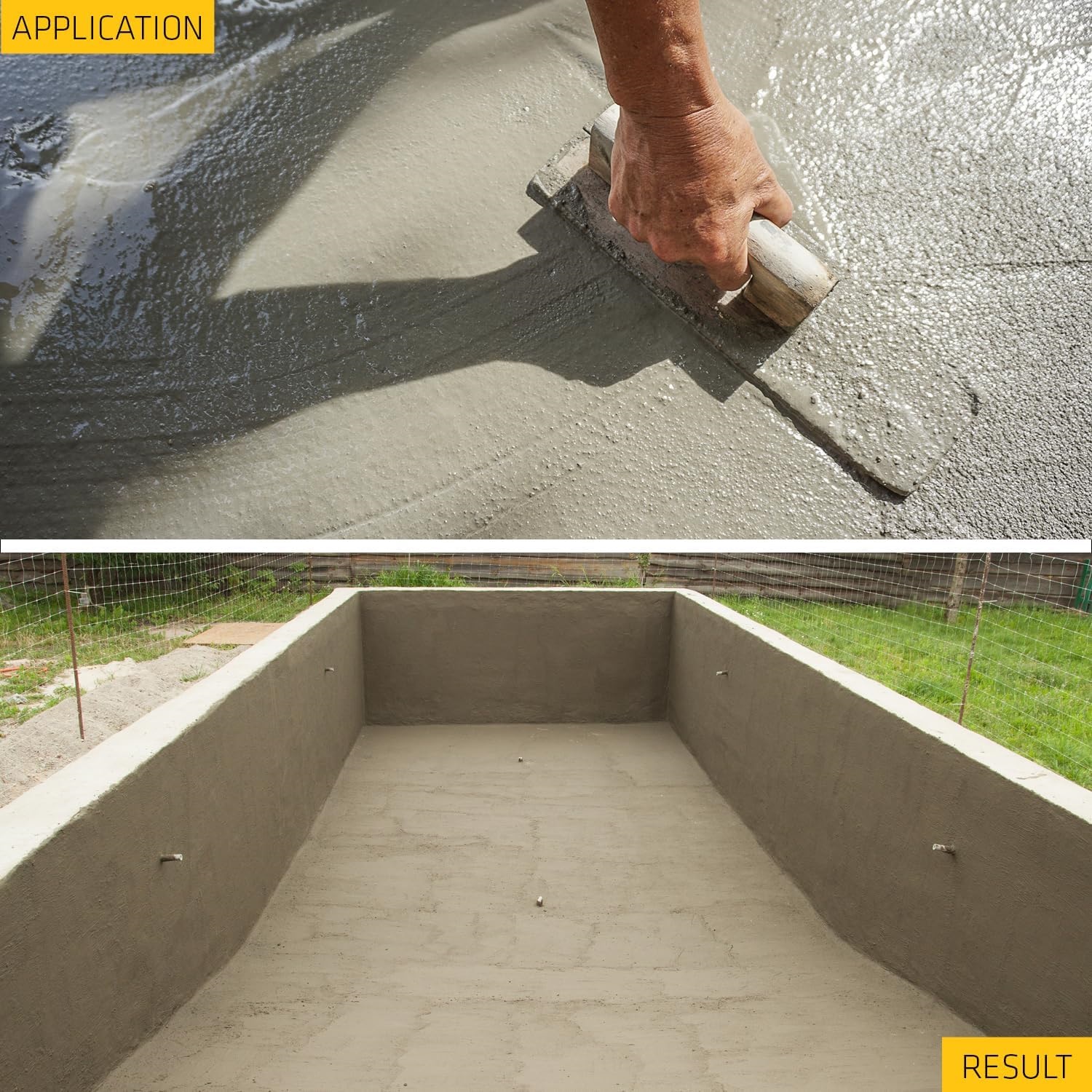 Application and result of Sika Maxmix Concentrated Waterproofing Admixture on concrete surface, showing a hand smoothing wet concrete and a finished water-resistant structure.