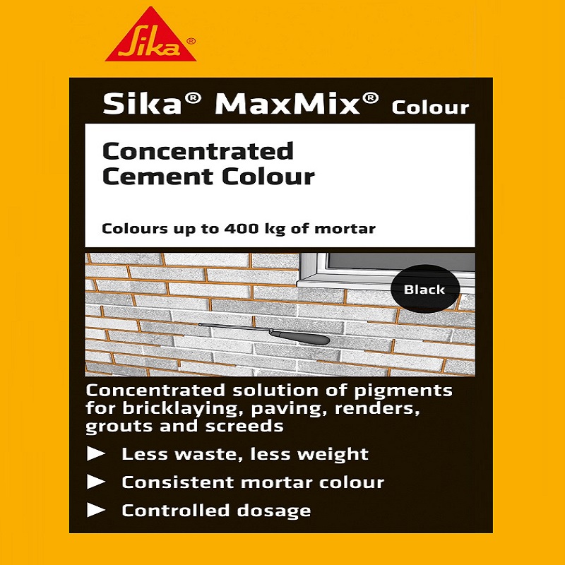 Sika Maxmix Mortar Cement Colouring Black 1L packaging with product details and usage instructions.