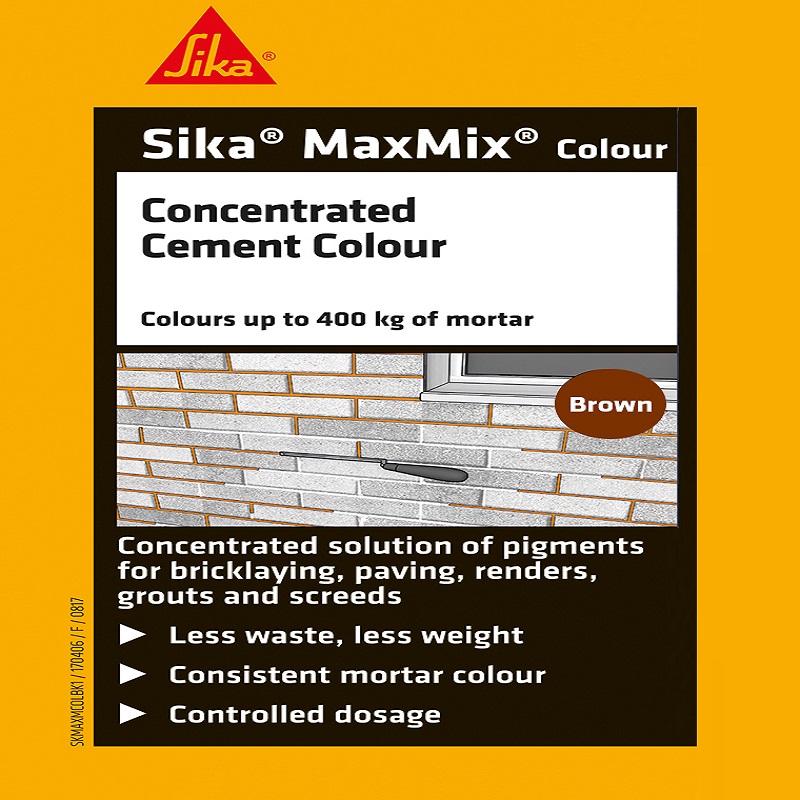 Sika Maxmix Mortar Cement Colouring in Brown 1L bottle with product details and illustration of brick wall application.