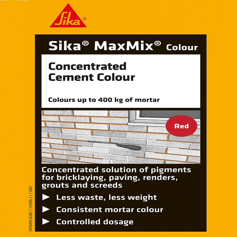 Sika Maxmix Red Mortar Cement Colouring 1L bottle with product details and a brick wall.