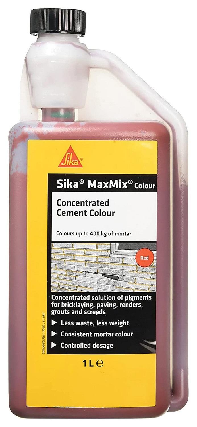 Bottle of Sika Maxmix Red Mortar Cement Colouring 1L with label details.