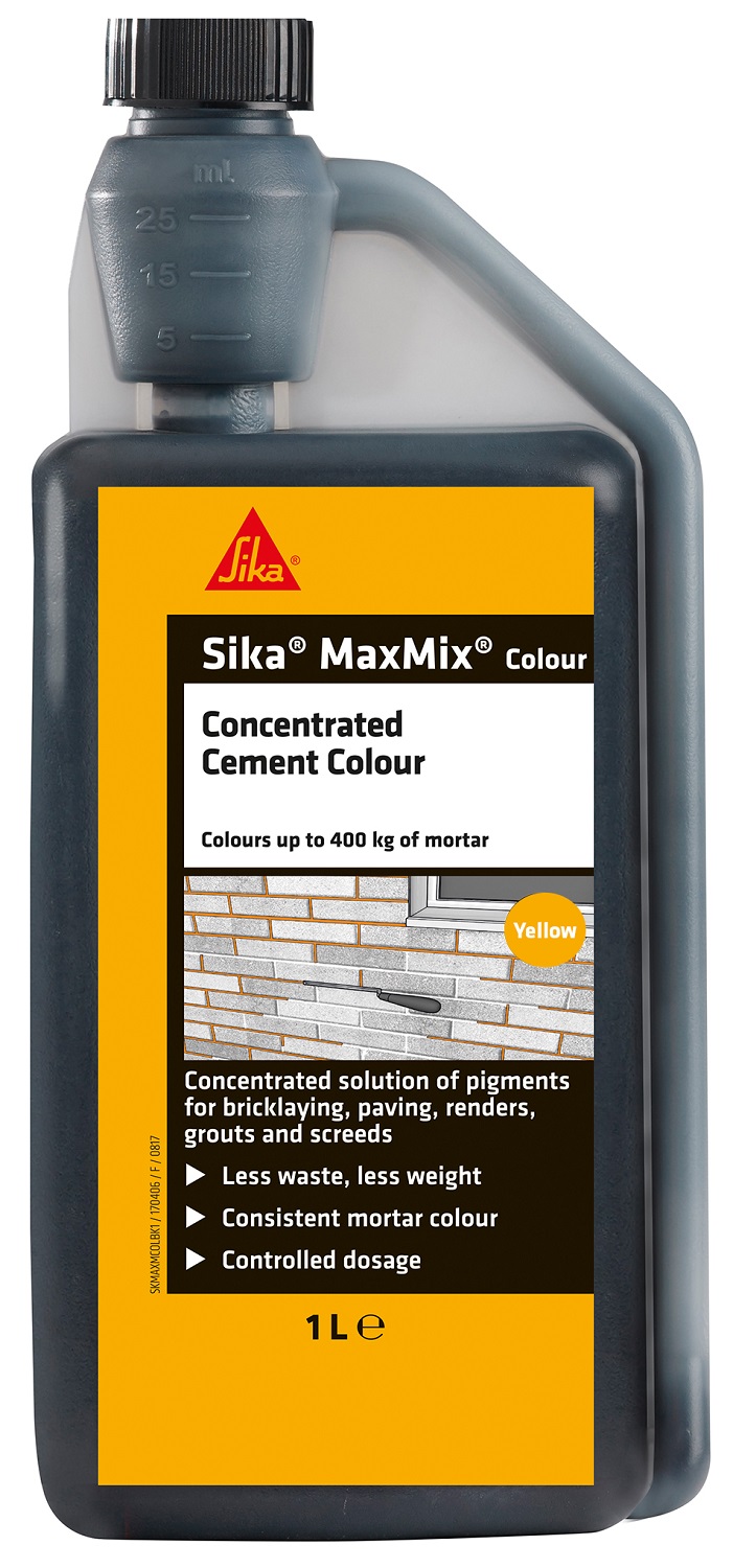 Sika Maxmix Mortar Cement Colouring 1L in yellow, featuring a concentrated solution for bricklaying and paving.