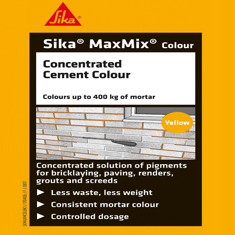 Sika Maxmix Mortar Cement Colouring 1L in yellow, showing product label and usage instructions.