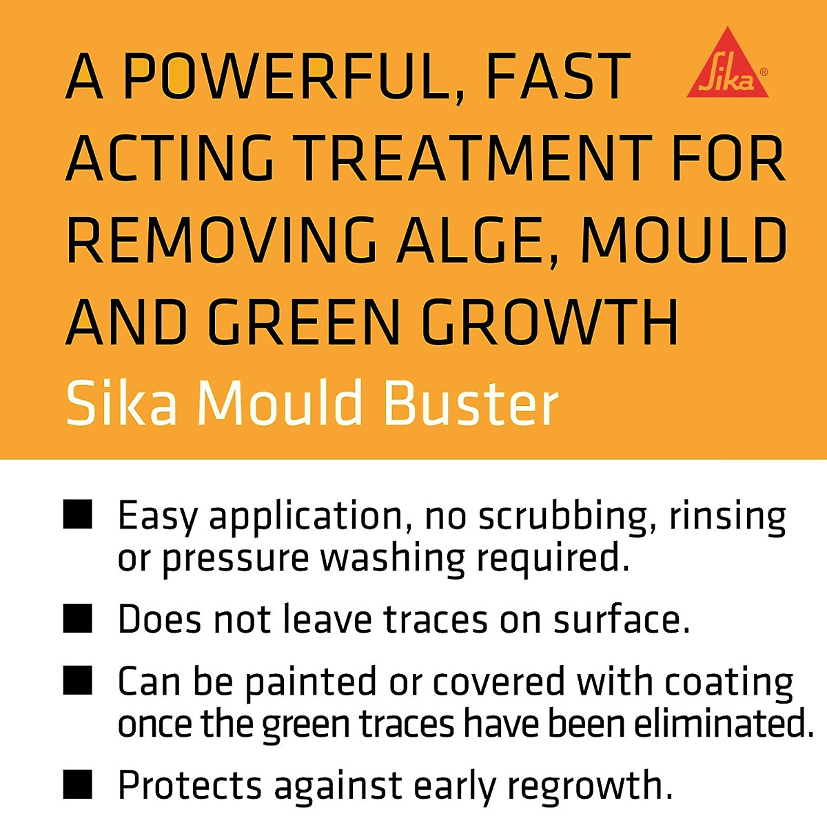 Sika Mould Buster product label highlighting fast-acting treatment for removing algae, mould, and green growth.