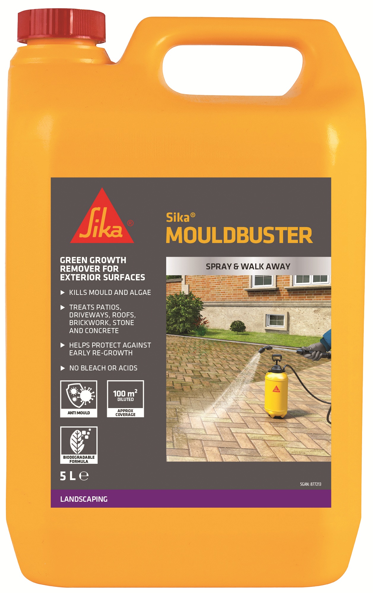 a 5-litre container of Sika Mould Buster Concentrate for killing moss, algae, and mould.