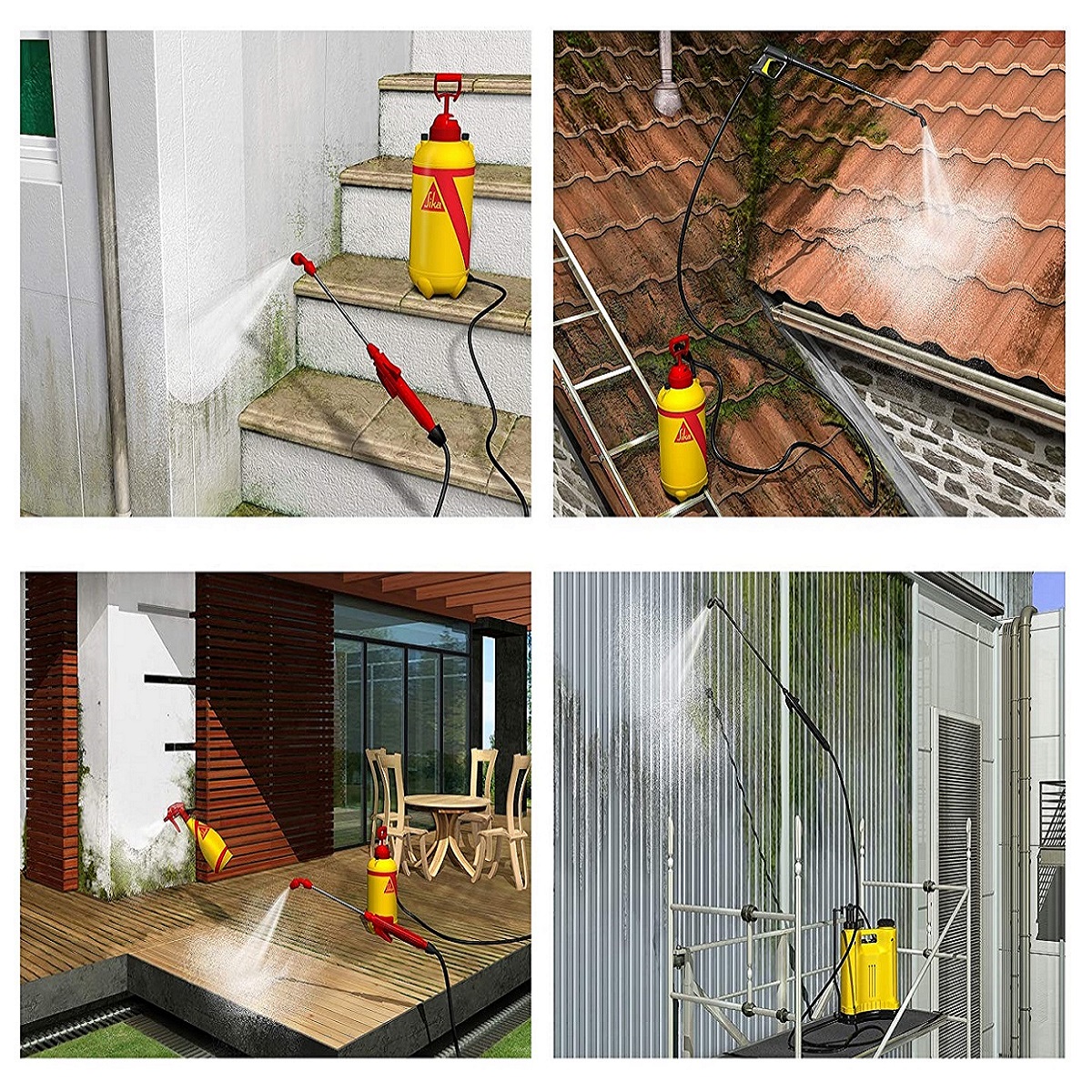 Sika Mould Buster Concentrate 5L being used to spray moss, algae, and mould on outdoor surfaces including stairs, roof tiles, decking, and metal cladding.
