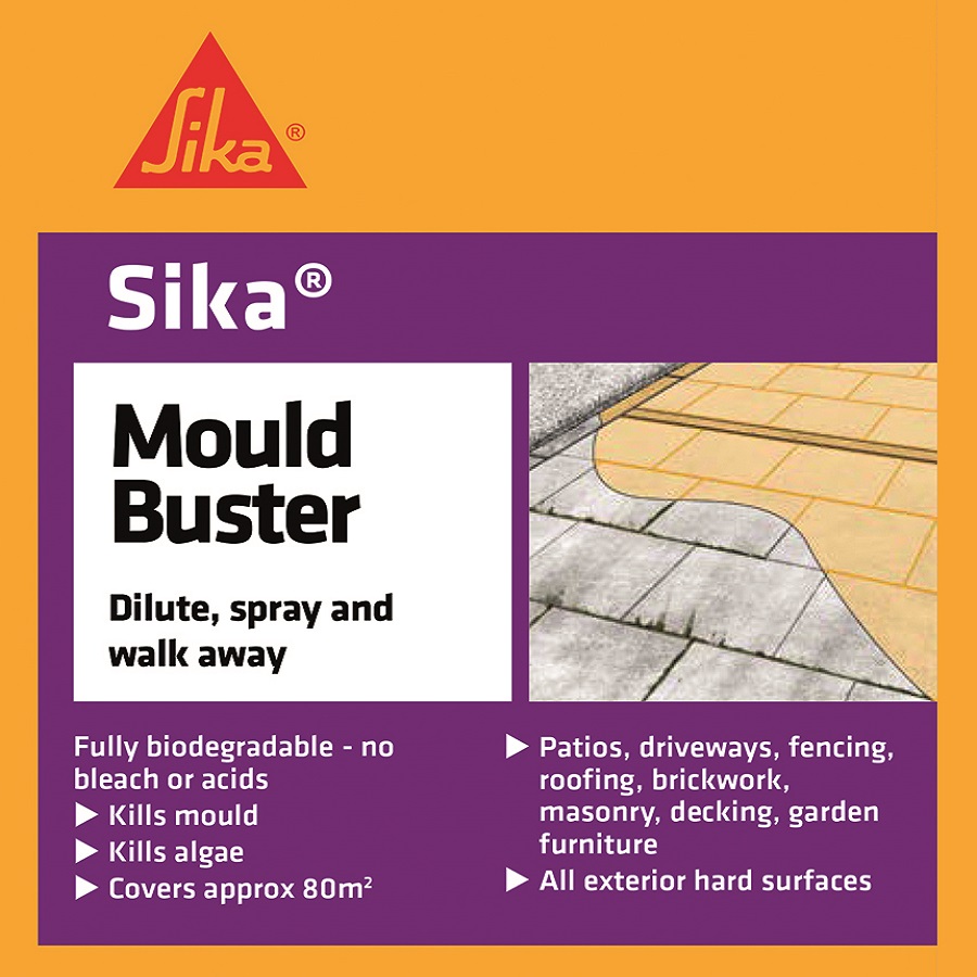 Label of Sika Mould Buster Concentrate 5L showing features such as killing moss, algae, and mould, suitable for patios and driveways.