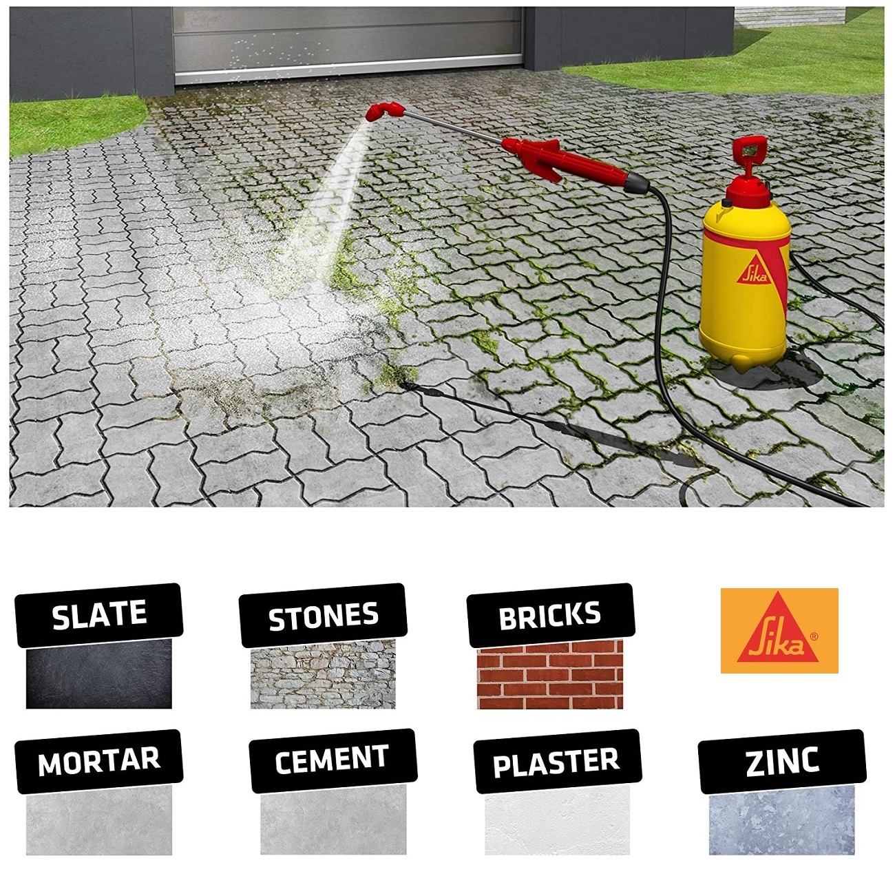 Showing Sika Mould Buster Concentrate 5L being used on a driveway to remove moss and algae, with various surfaces like slate, stones, bricks, mortar, cement, plaster, and zinc displayed.