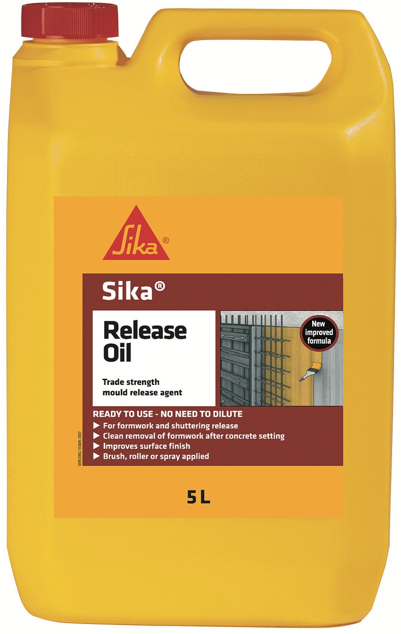 Yellow 5-litre container of Sika Release Oil Mould Formwork Release Agent with red cap and product label.