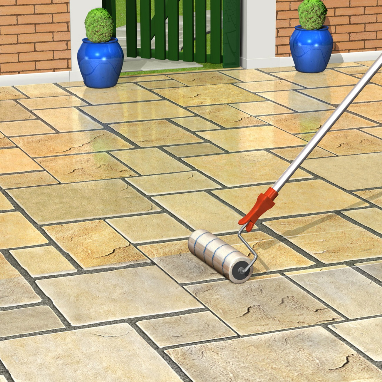 A roller applying clear paving sealer on a stone patio with blue pots in the background.