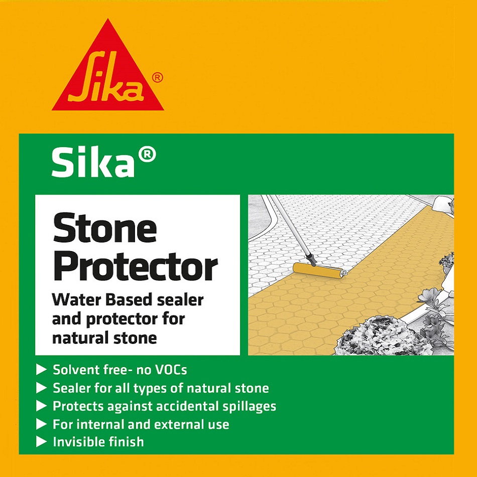 Sika Stone Protector packaging with product details including water-based sealer for natural stone.