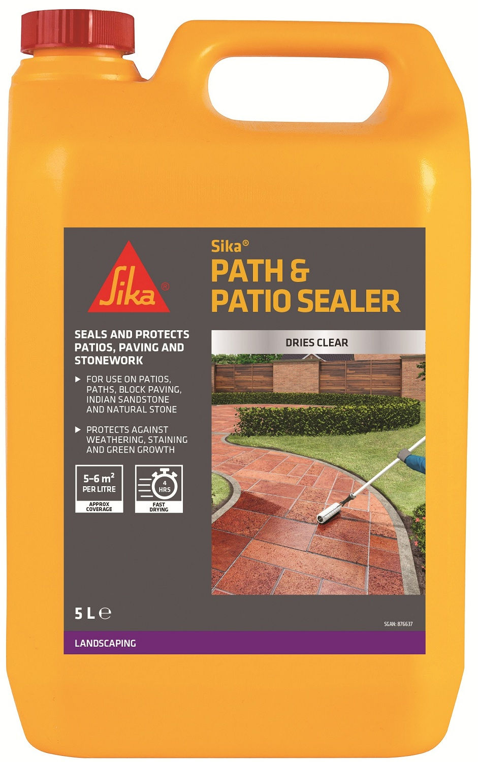 Yellow container of Sika Path and Patio Seal Sealer 5L with label showing protection from water damage.