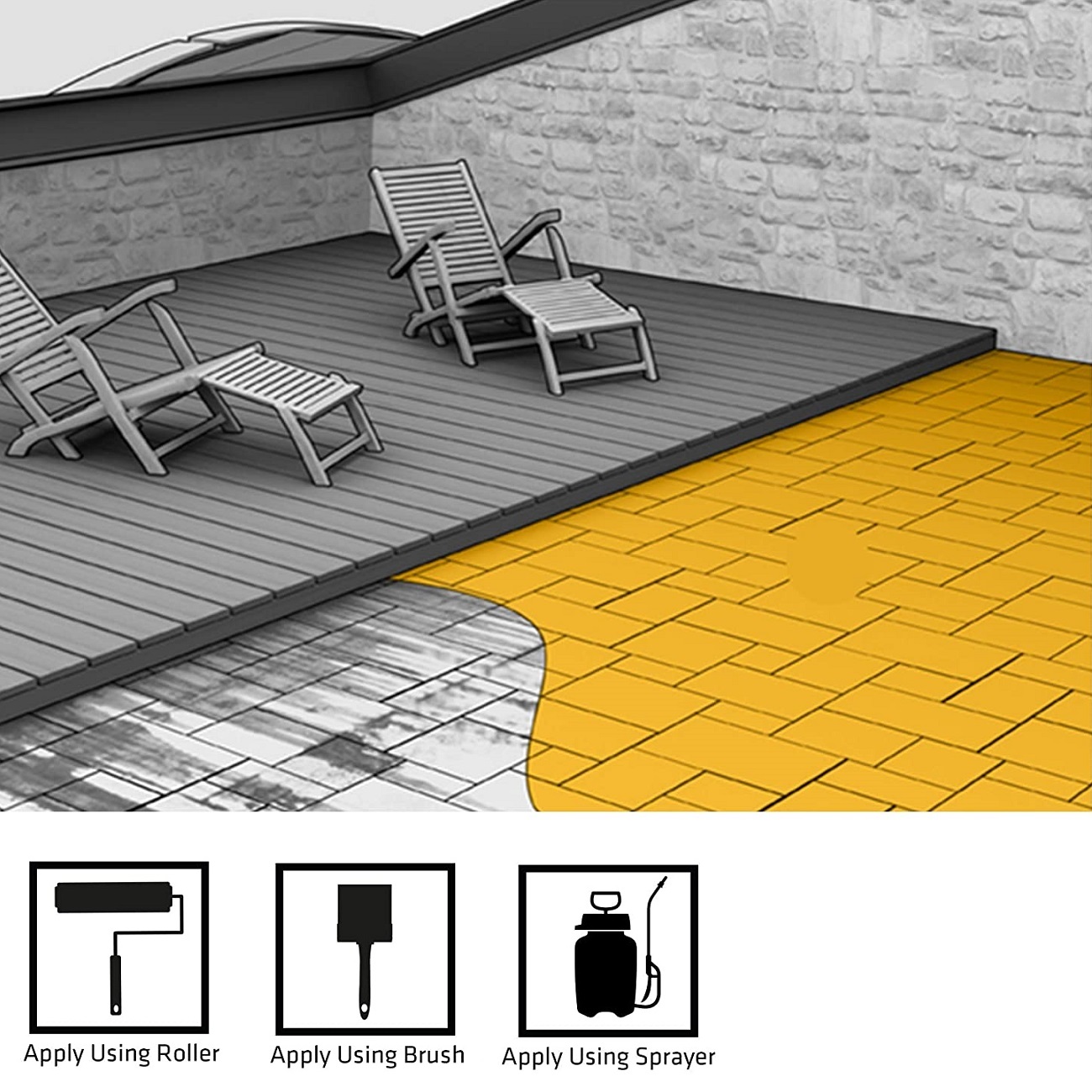 Illustration showing a patio with wooden chairs and a table on a deck, adjacent to a paved area treated with a clear sealer.
