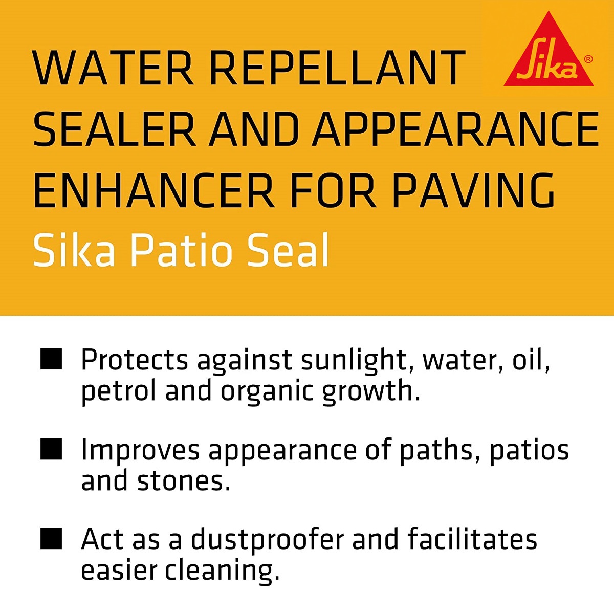 Sika Patio Seal product label highlighting water repellant and appearance enhancement for paving.