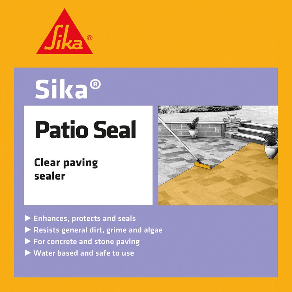 Sika Patio Seal Clear Paving Sealer 5L packaging with product features listed.