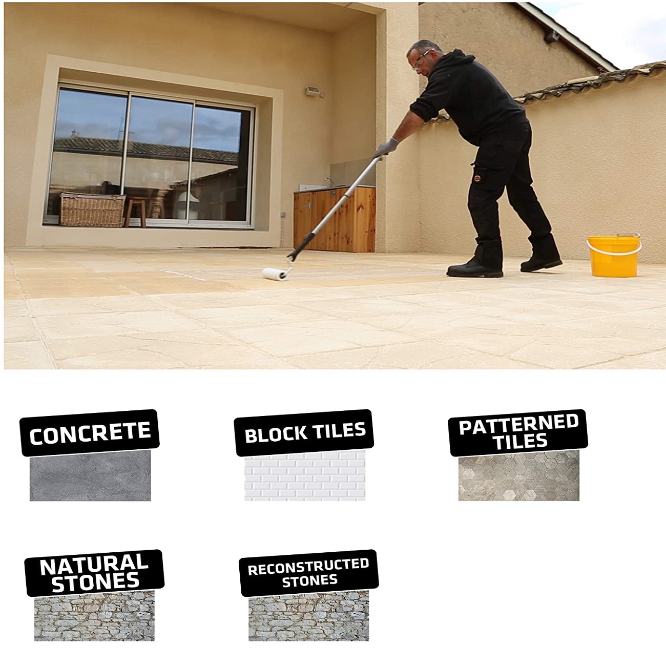Person applying clear paving sealer on patio tiles with a roller, showcasing suitable surfaces like concrete, block tiles, patterned tiles, natural stones, and reconstructed stones.