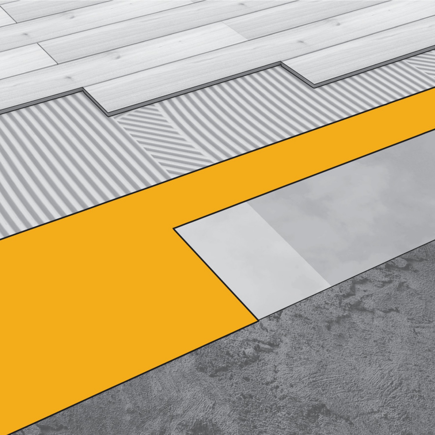 Illustration showing layers of wood flooring with a yellow moisture barrier underneath.