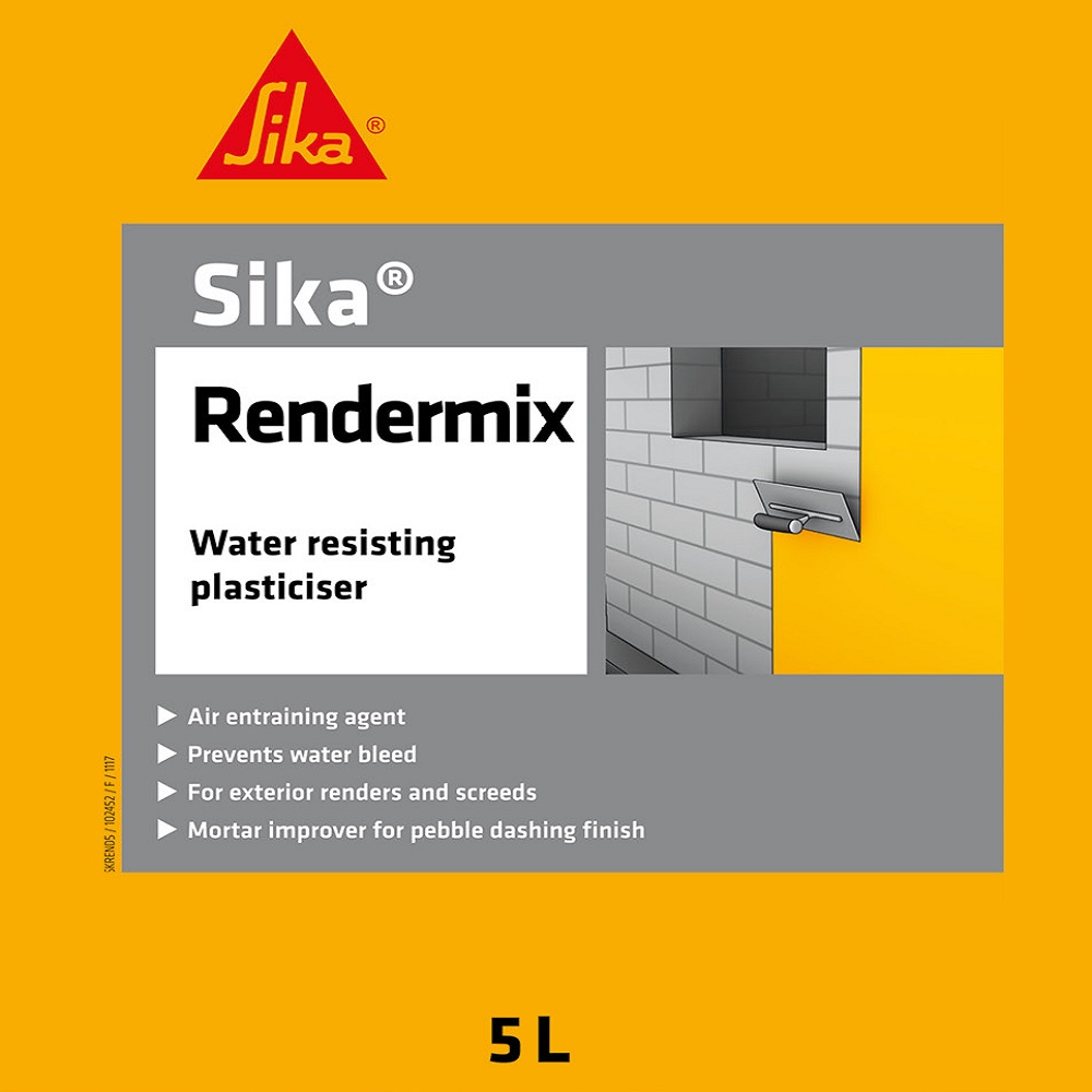 Sika Rendermix Water Resisting Render Plasticiser 5L packaging, featuring product details and usage instructions.