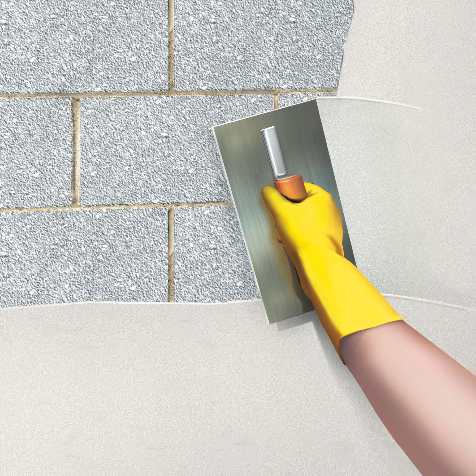 A person applying render to a wall with a trowel, wearing a yellow glove.