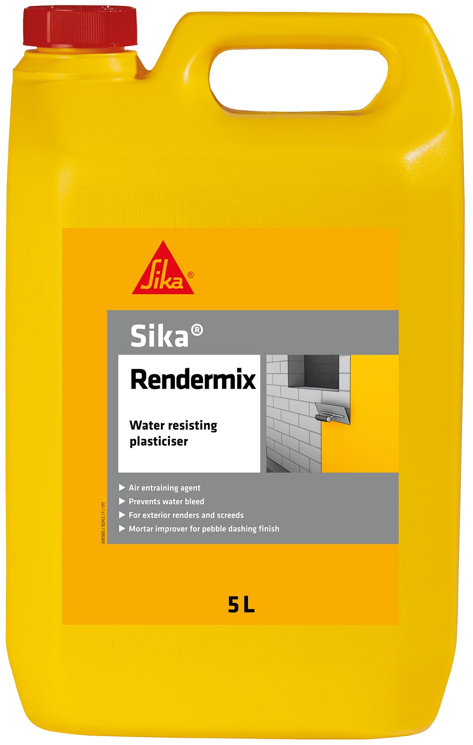 Yellow 5L container of Sika Rendermix Water Resisting Render Plasticiser for wall protection.