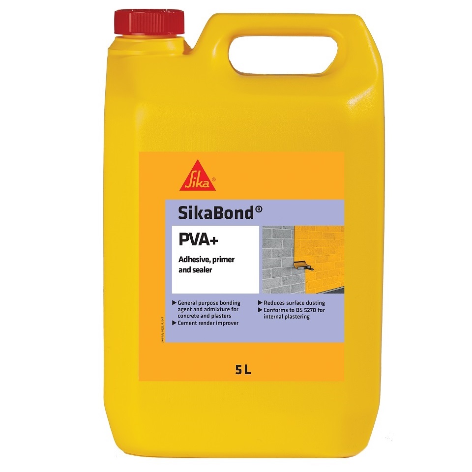 SikaBond PVA+ Multi-Surface Adhesive 5L container with label showing product details.