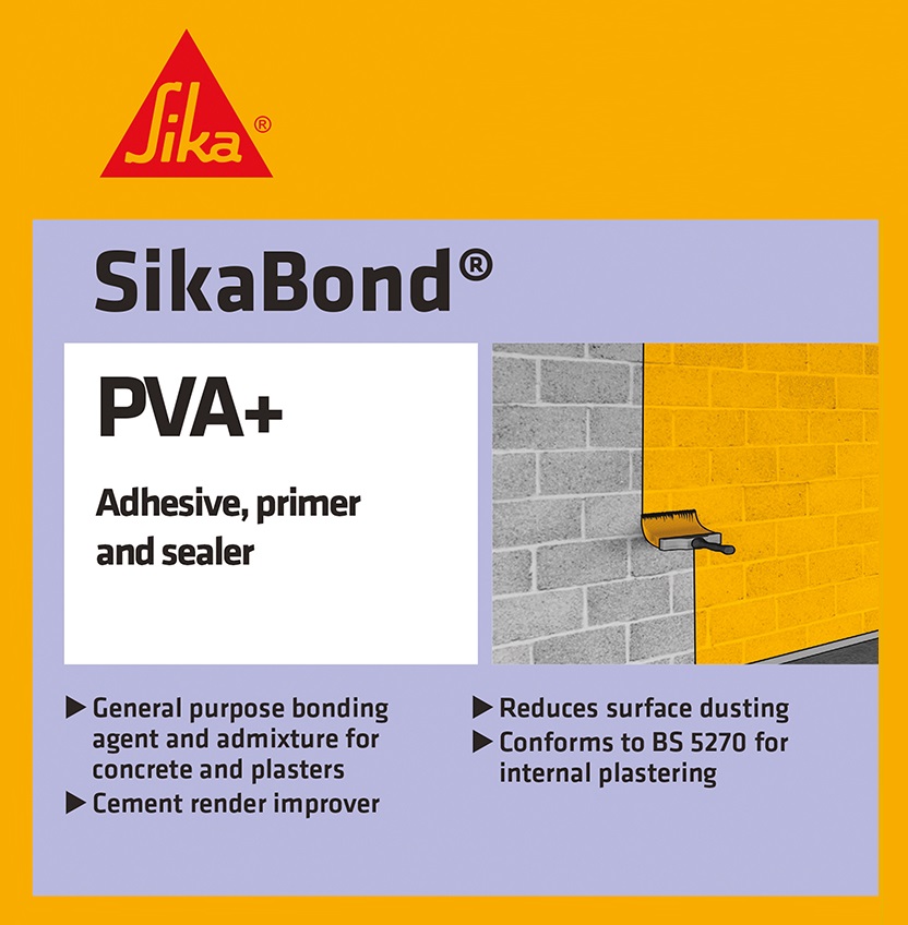 SikaBond PVA+ adhesive, primer and sealer label with product features.