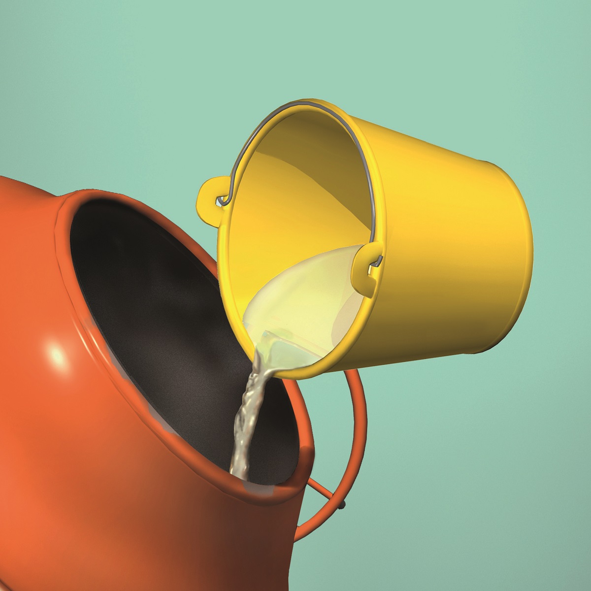 Yellow bucket pouring liquid into an orange cement mixer.