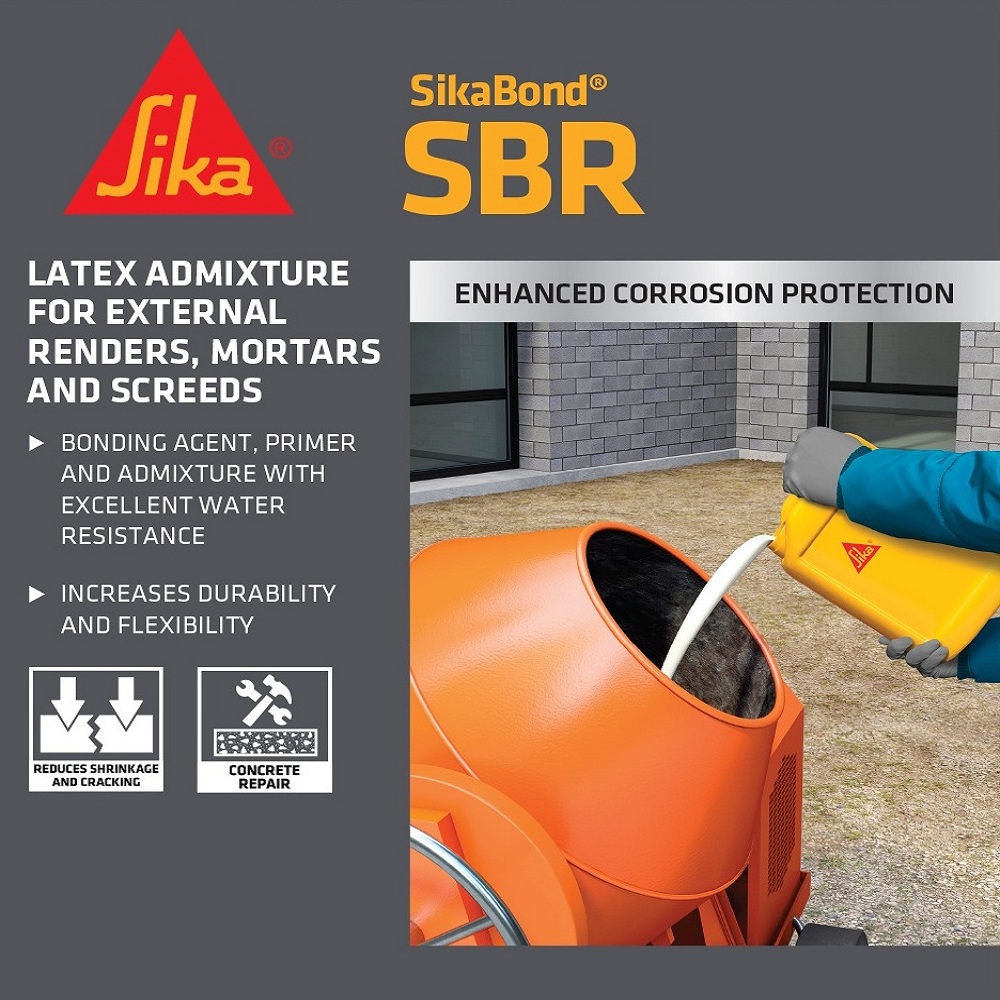  Sika SikaBond SBR+ Waterproof Bonding Agent 5L packaging with product details and illustrations.