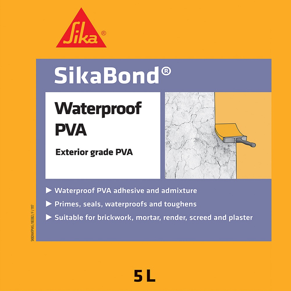 Sika Sikabond Waterproof PVA 5L container with product details and branding.