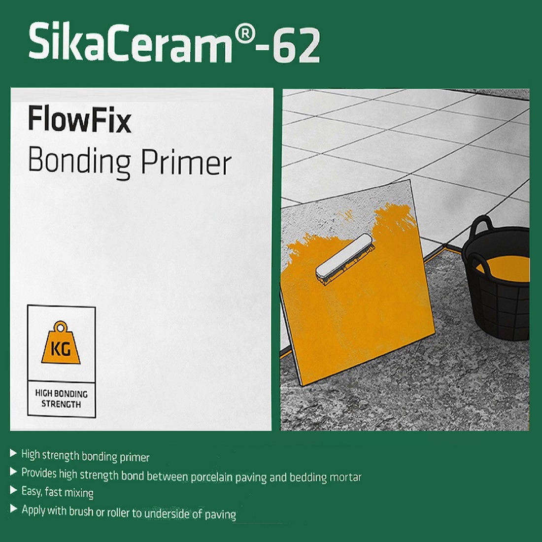  Sika Sikaceram 62 Porcelain Flowfix Bonding Slurry Primer packaging with application illustration.