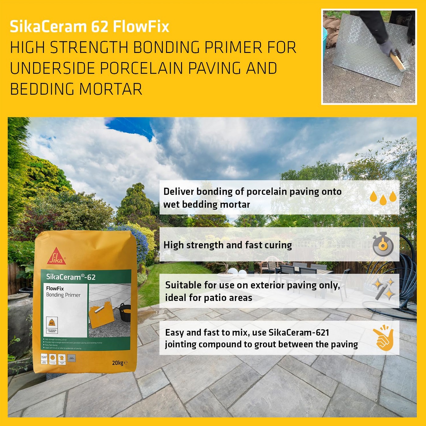 Sika Sikaceram 62 Porcelain Flowfix Bonding Slurry Primer packaging with garden paving in the background.