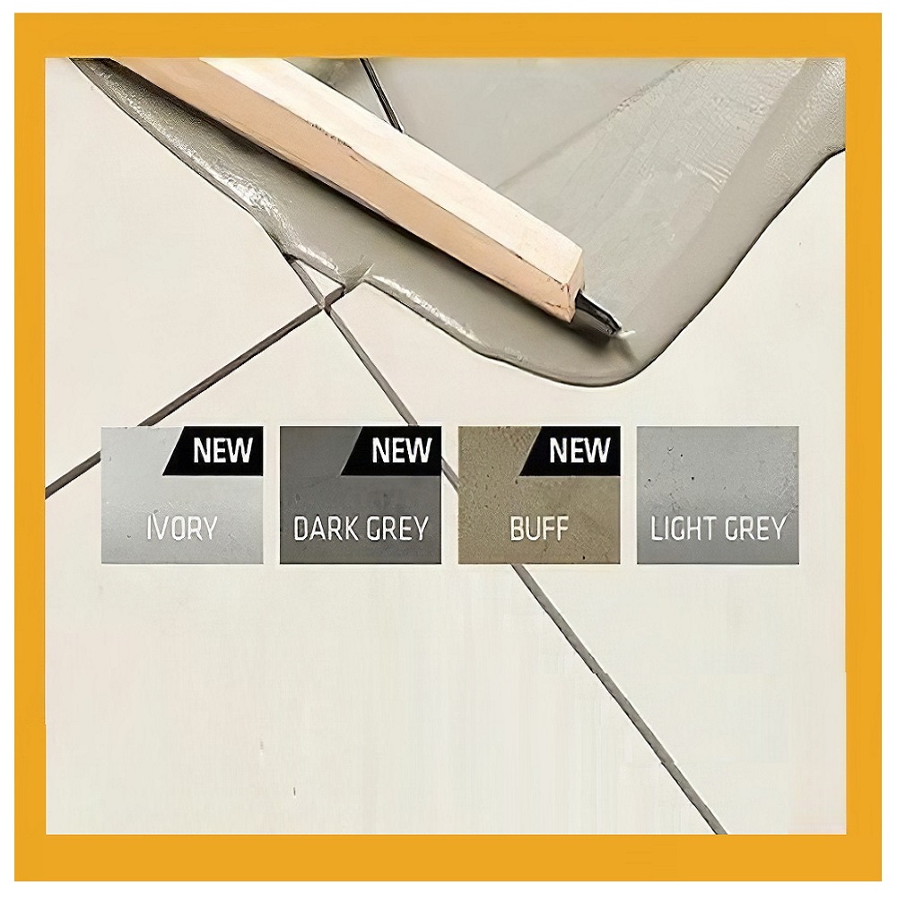 Close-up of SikaCeram 621 Light Grey Porcelain Paving Jointing Compound being applied between tiles, with colour options displayed.