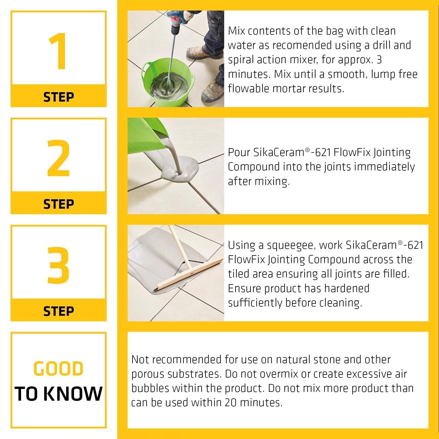Step-by-step guide for using SikaCeram 621 Flowfix Ivory Porcelain Paving Jointing Compound, showing mixing, pouring, and spreading processes.