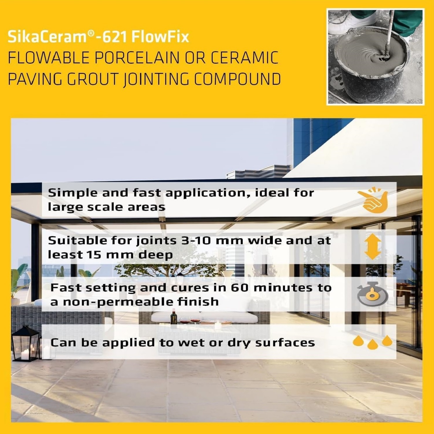 Showing SikaCeram 621 Flowfix Buff Porcelain Paving Jointing Compound with features including simple application, suitability for joints 3-10 mm wide, fast setting in 60 minutes, and application on wet or dry surfaces.