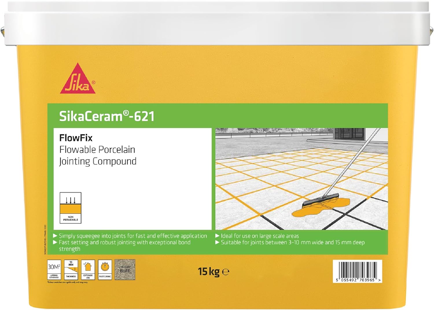 SikaCeram 621 Flowfix Buff Porcelain Paving Jointing Compound in a 15kg tub with illustration of application on paving.