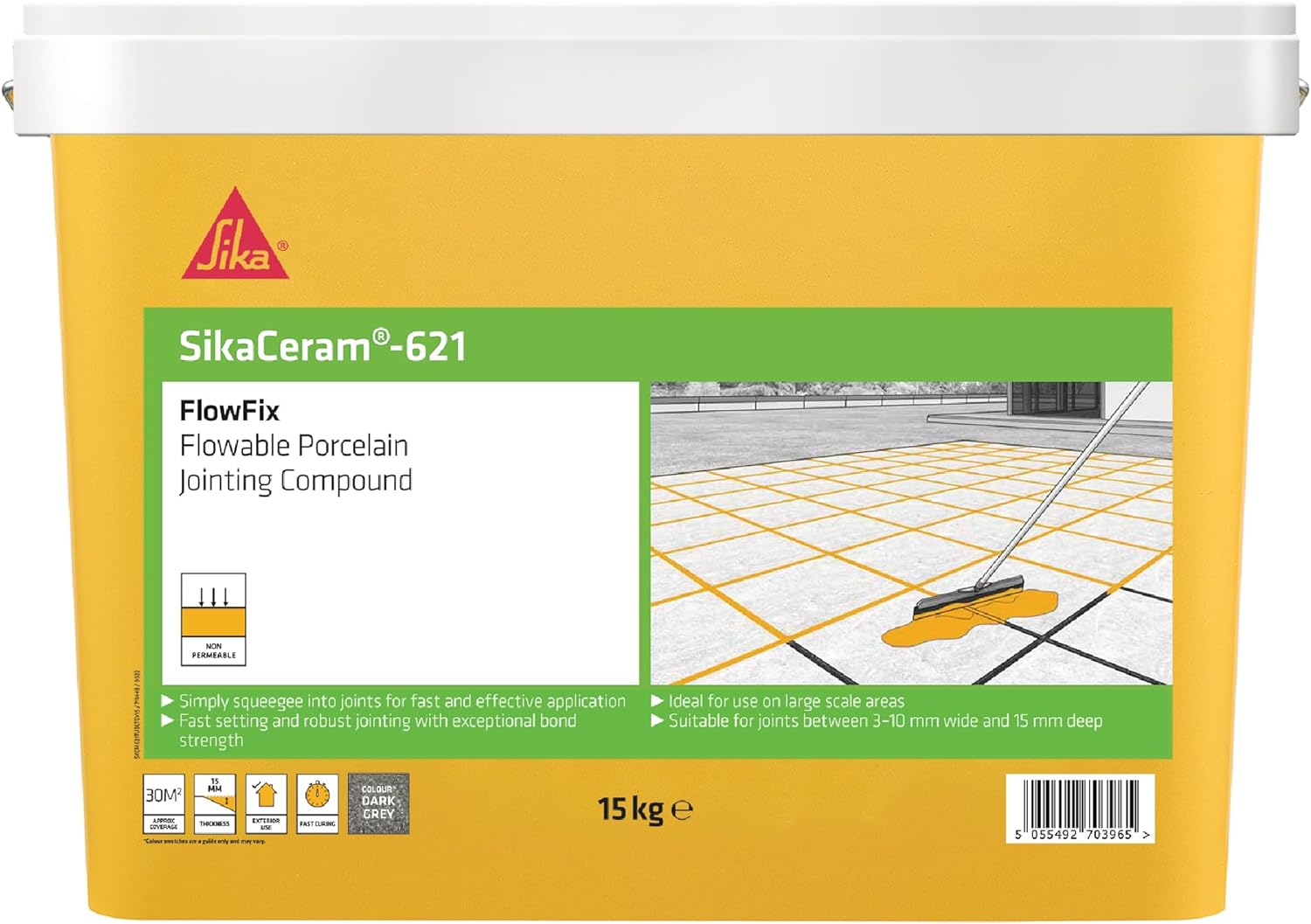 SikaCeram 621 Flowfix Dark Grey Porcelain Paving Jointing Compound 15kg tub with label and instructions.