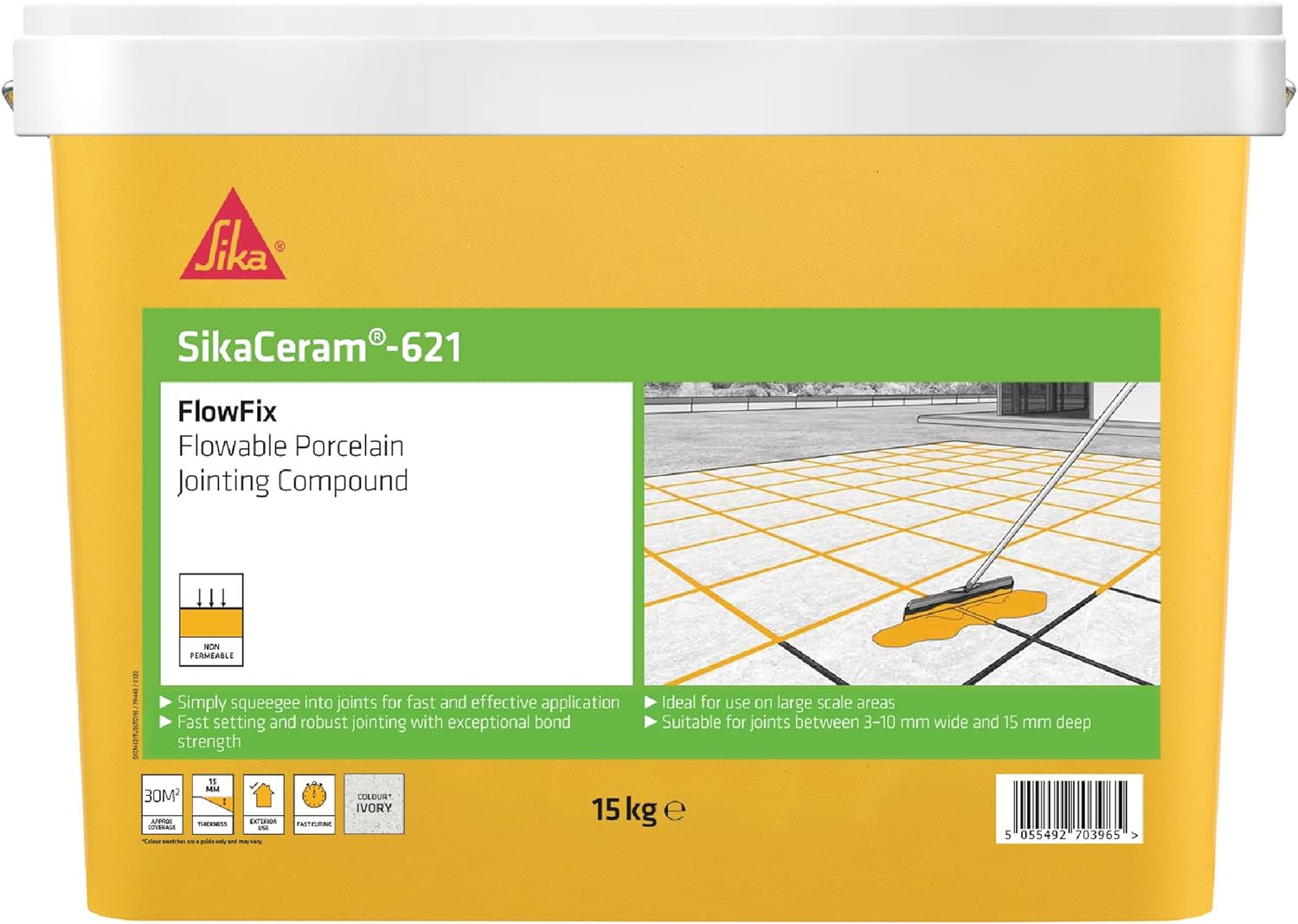 SikaCeram 621 Flowfix Ivory Porcelain Paving Jointing Compound tub with label and application illustration.