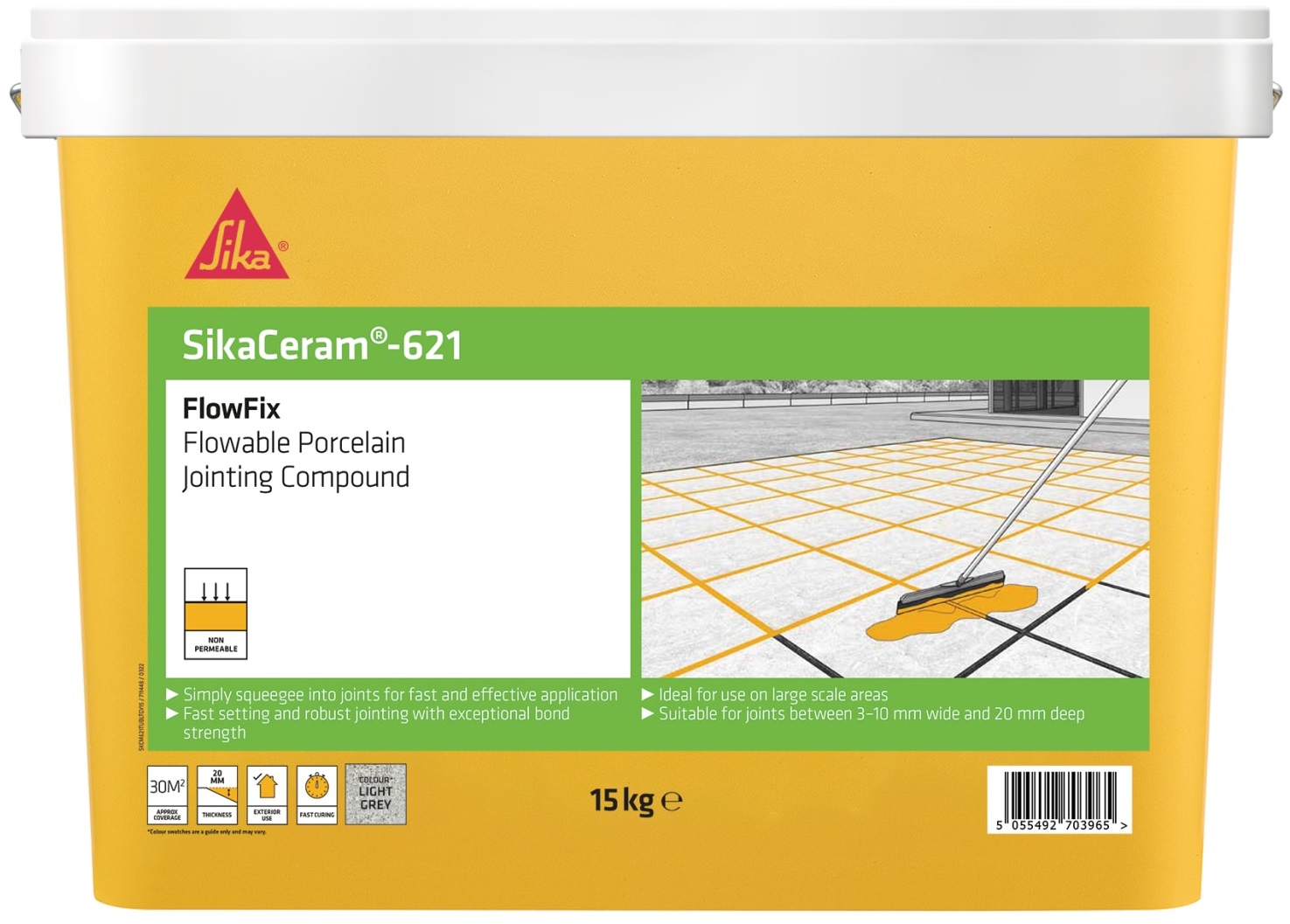 SikaCeram 621 Light Grey Porcelain Paving Jointing Compound 15kg tub with product details and usage illustration.
