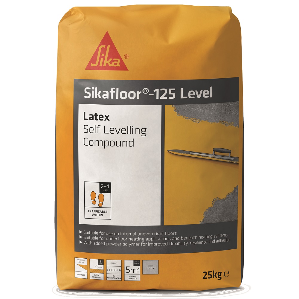Bag of Sika Sikafloor 125 Latex Self Levelling Compound for smooth flooring, 25kg.