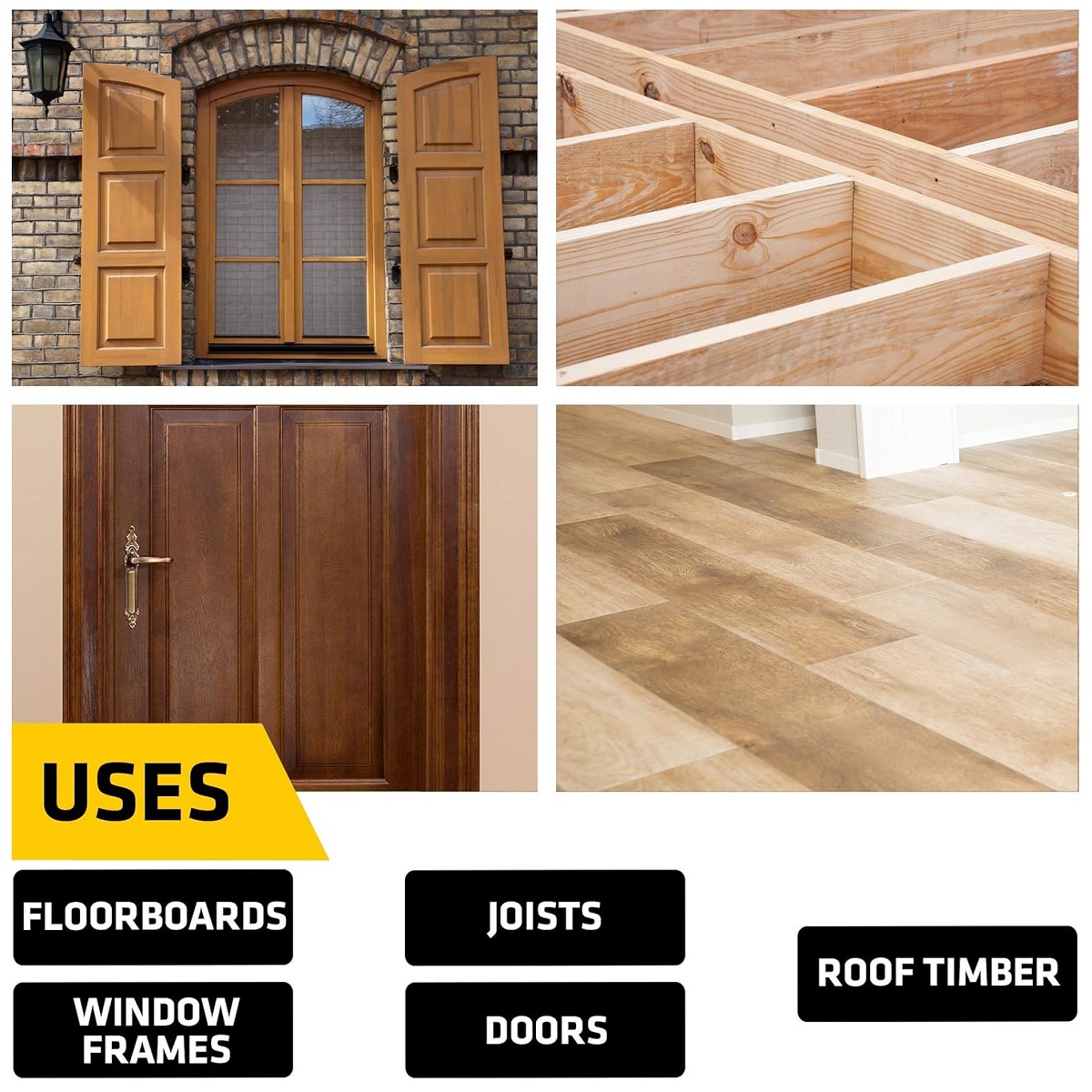 Collage showing wooden window frames, construction joists, a wooden door, and wood flooring with text indicating uses for floorboards, joists, window frames, doors, and roof timber.