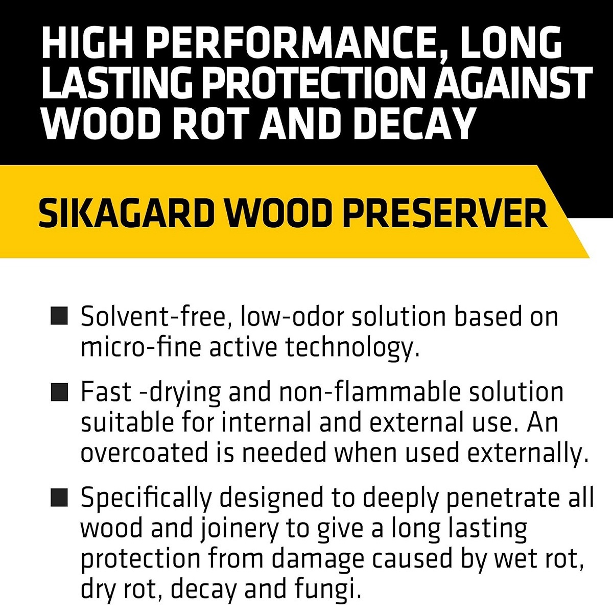 Sikagard wood preserver product information highlighting high performance and protection against wood rot and decay.