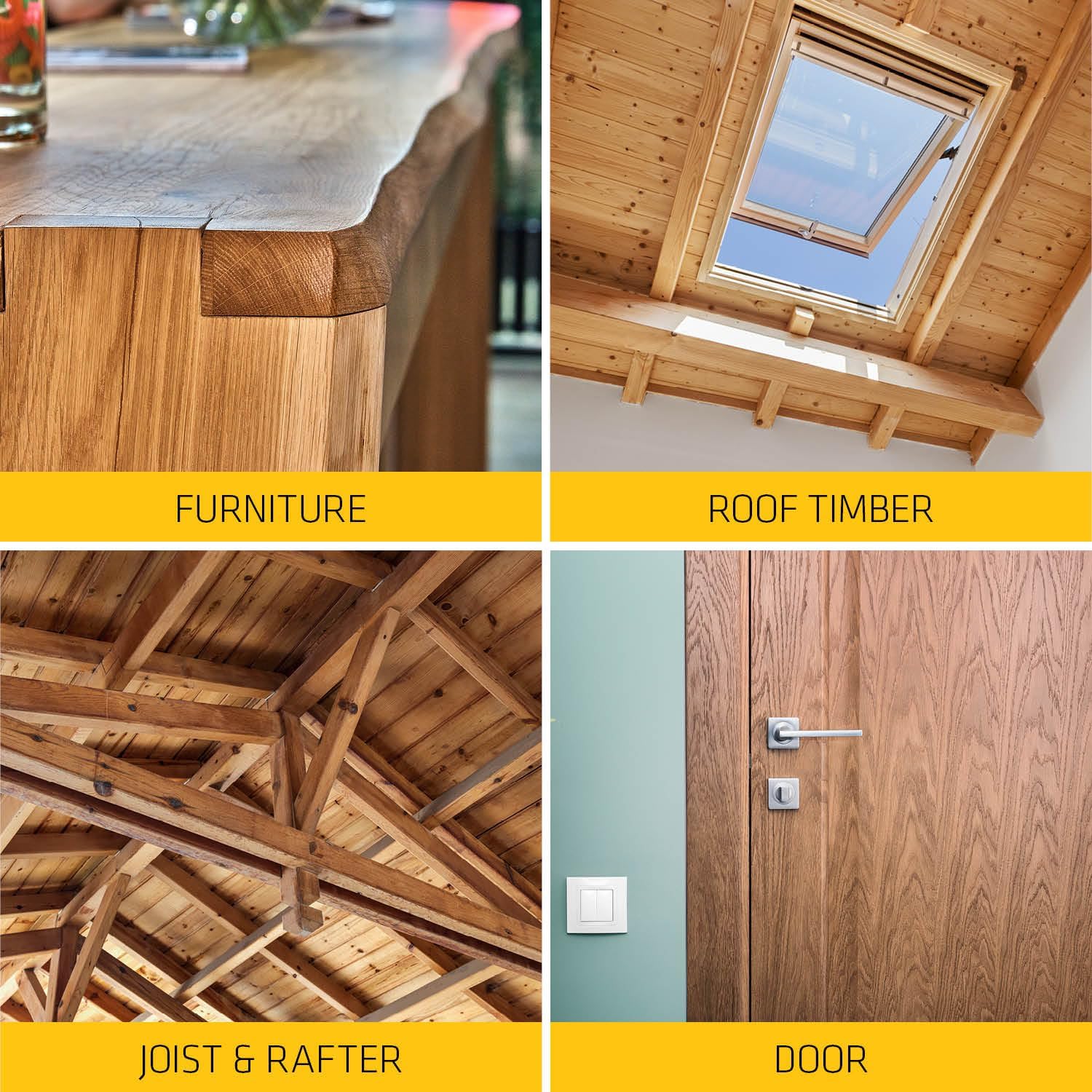Showing different applications of wood: furniture, roof timber, joist and rafter, and door.