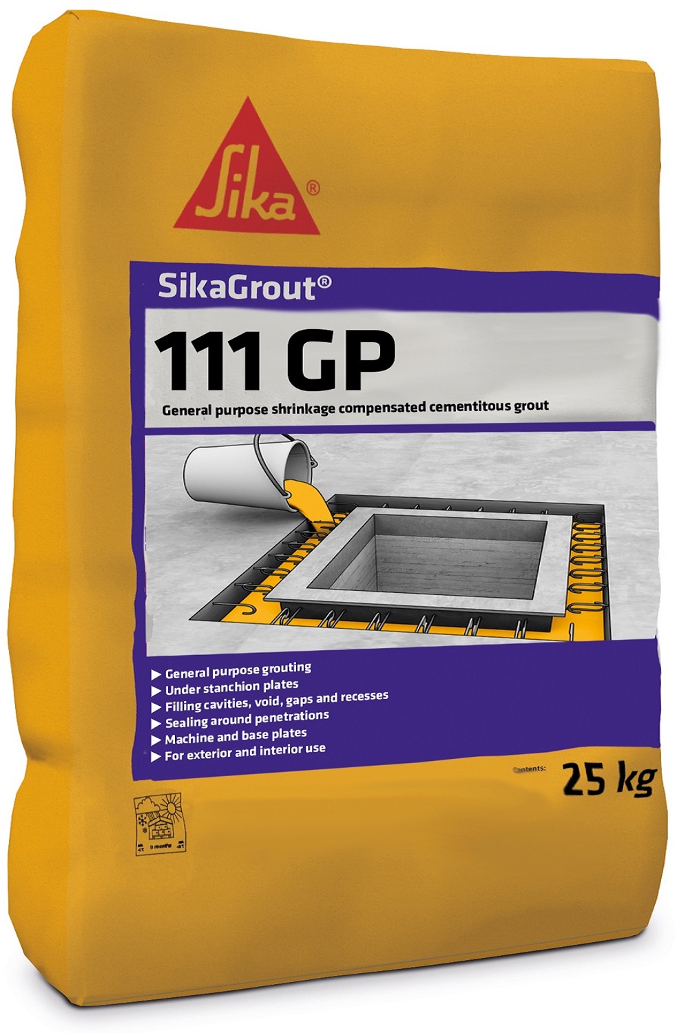 Bag of Sika Sikagrout 111 GP Flowable Cementitious Grout with product details and usage instructions.