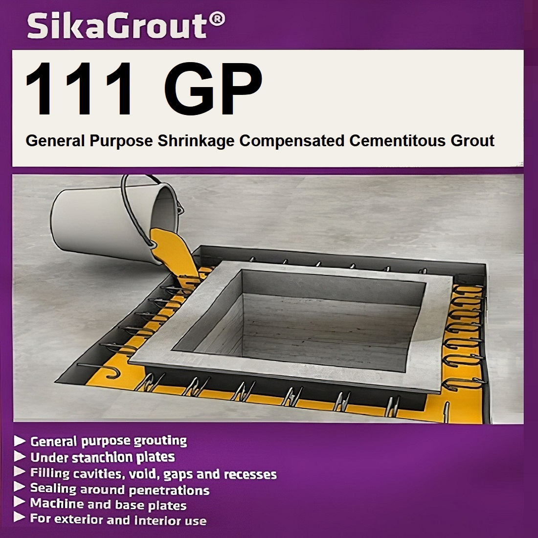 Illustration of Sika Sikagrout 111 GP being poured into a square cavity for grouting.
